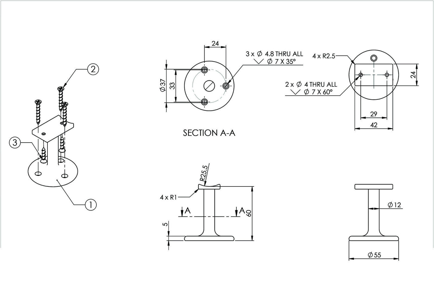 Emro 445 Straight Stair Rail Bracket Visible Fix 60mm - Available in Various Finishes