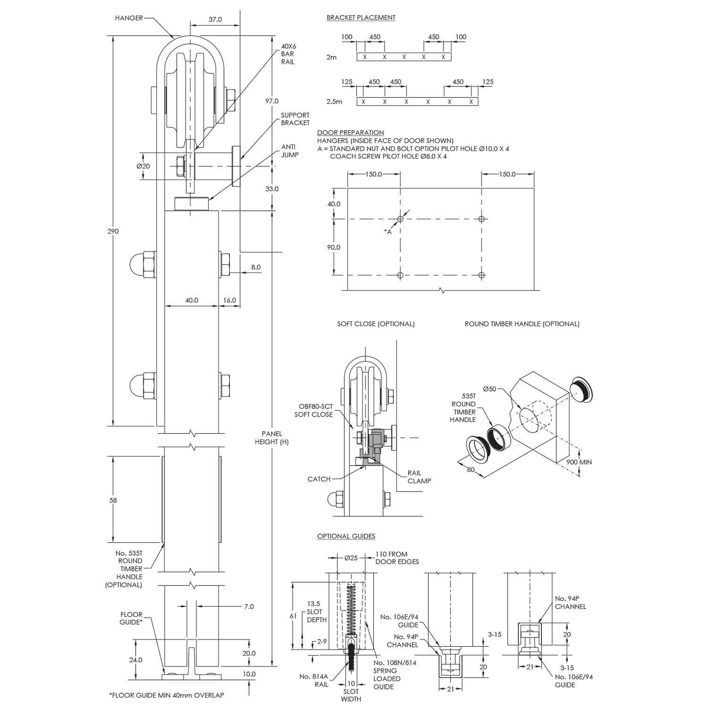 Brio Open Bar Rail Timber 80  - Available in Various Sizes and Finishes