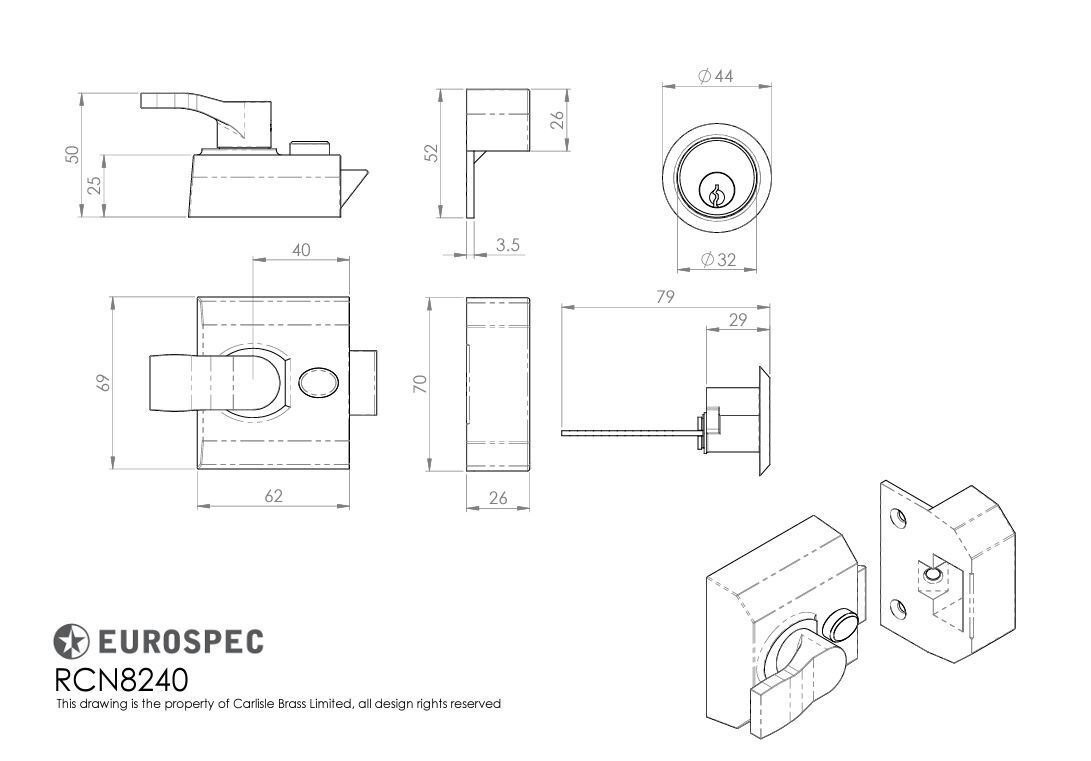Carlisle Eurospec Rim Cylinder Nightlatch 40mm Backset Satin Chrome RCN8240SC