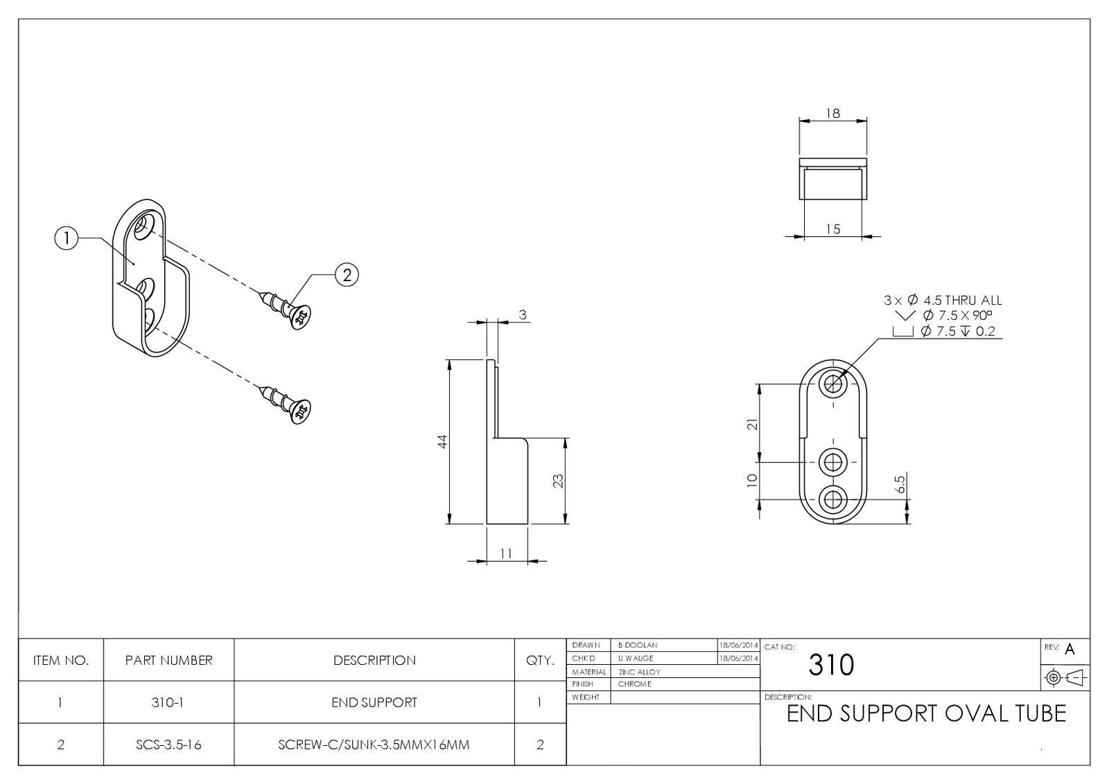 Emro Oval Tube End Support Polypack 15mmx30mm Chrome Pack of 10 310CPPP