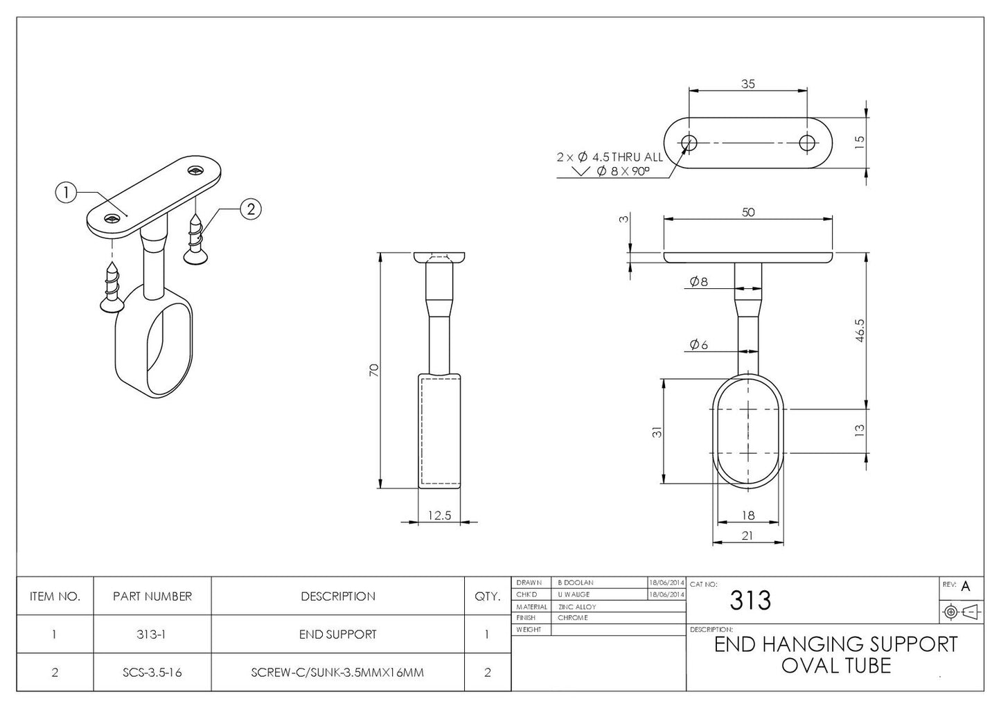 Emro Oval Tube End Hanging Support Polypack 15mmx30mm Chrome Pack of 10 313CPPP