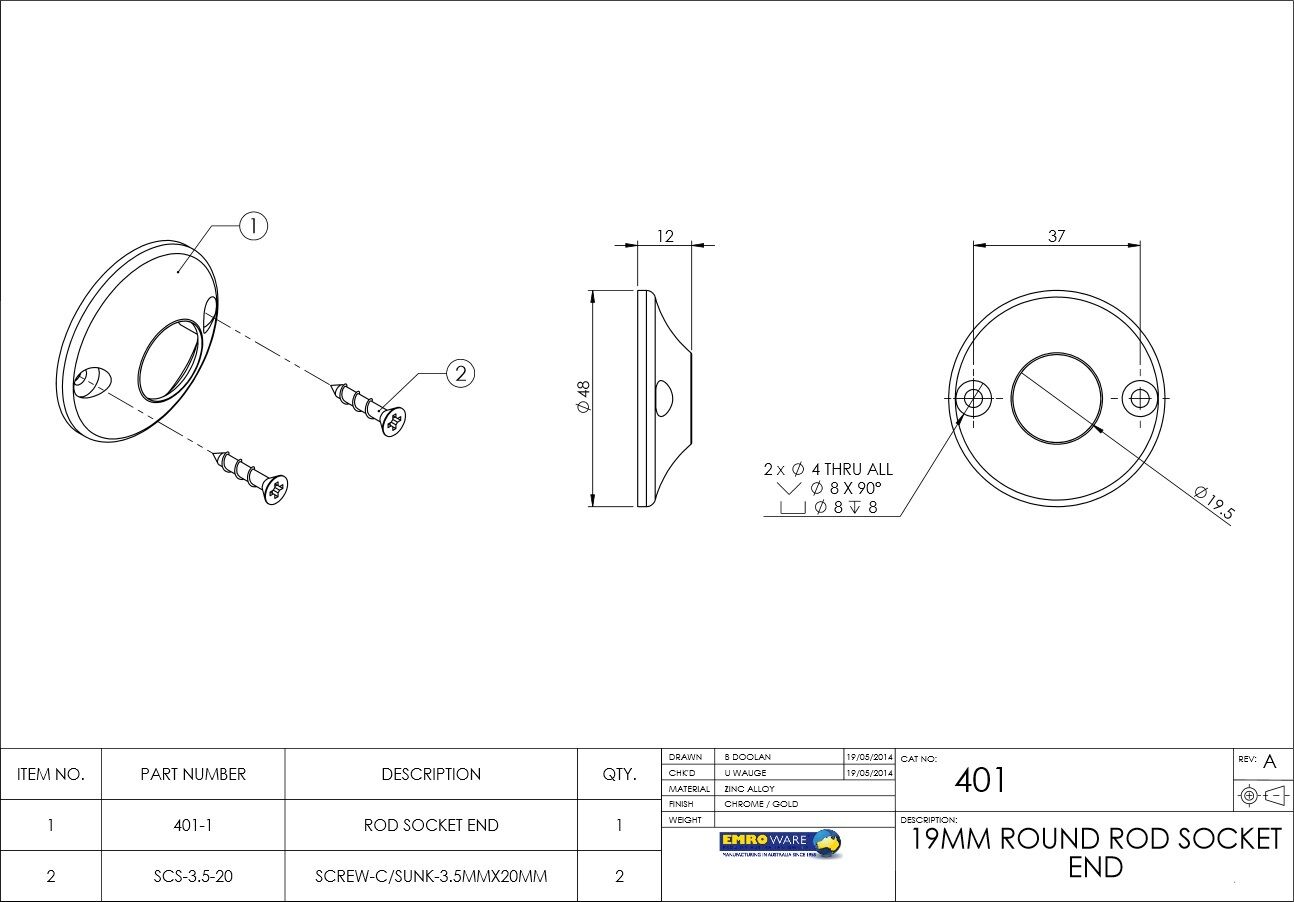 Emro Rod Socket End Round Wardrobe Hanging Rail 19mm Chrome Pack of 10 401CPPP