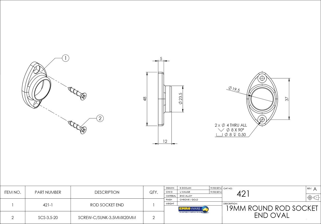 Emro Rod Socket End Oval Wardrobe Hanging Rail 19mm Chrome Pack of 10 421CPPP
