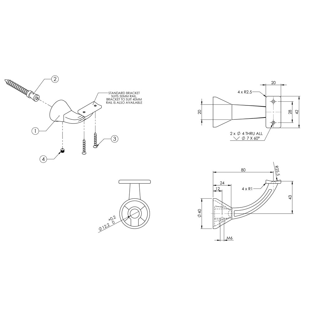 Emro Architectural Concealed Curved Top Bracket - Available in Various Finishes