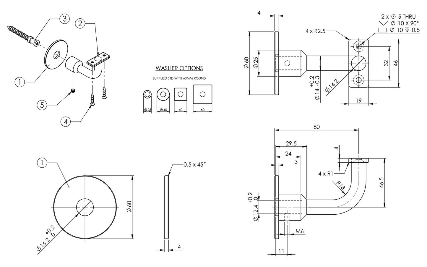 Emro Deluxe Handrail Bracket SS441 - Available in Various Finishes and Functions