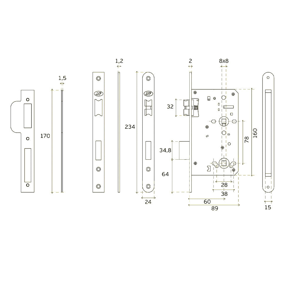 JNF Mortise Door Lock 60mm Backset Privacy Satin Stainless Steel IN.20.896