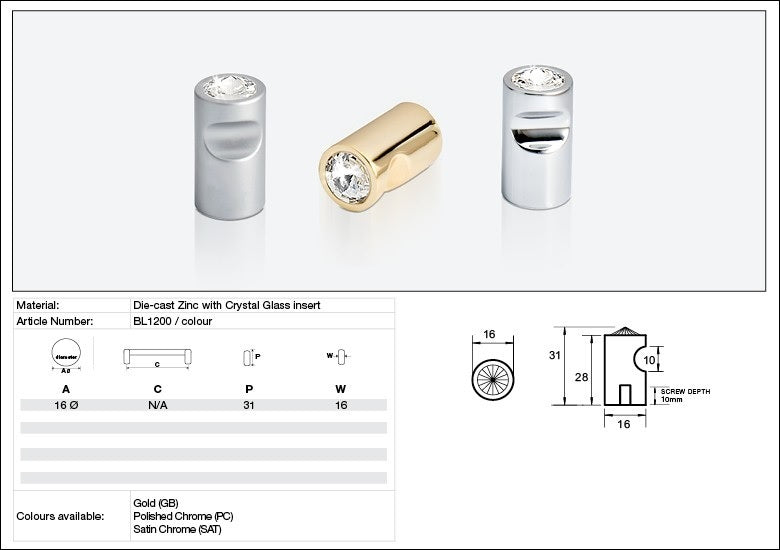 Kethy Cabinet Knob BL1200 Bling Series Rigel Single Stone Die-cast Zinc