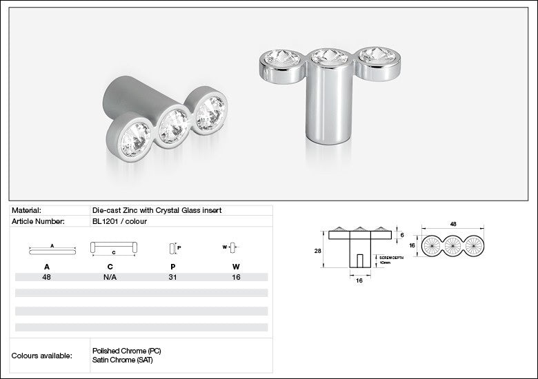 Kethy Cabinet Knob BL1201 Bling Series Rigel Inline 3 Stone Die-cast Zinc