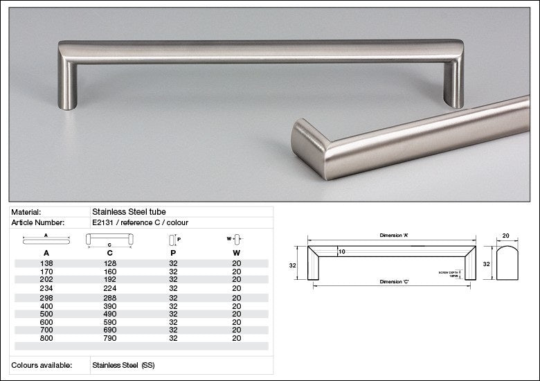 Kethy E2131 Pavia Oval Cabinet Pull Handle Stainless Steel - Available in Various Sizes
