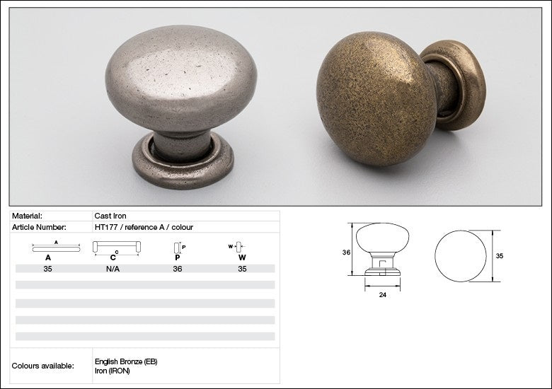 Kethy Cabinet Knob HT177 Hampton 35mm Cast Iron