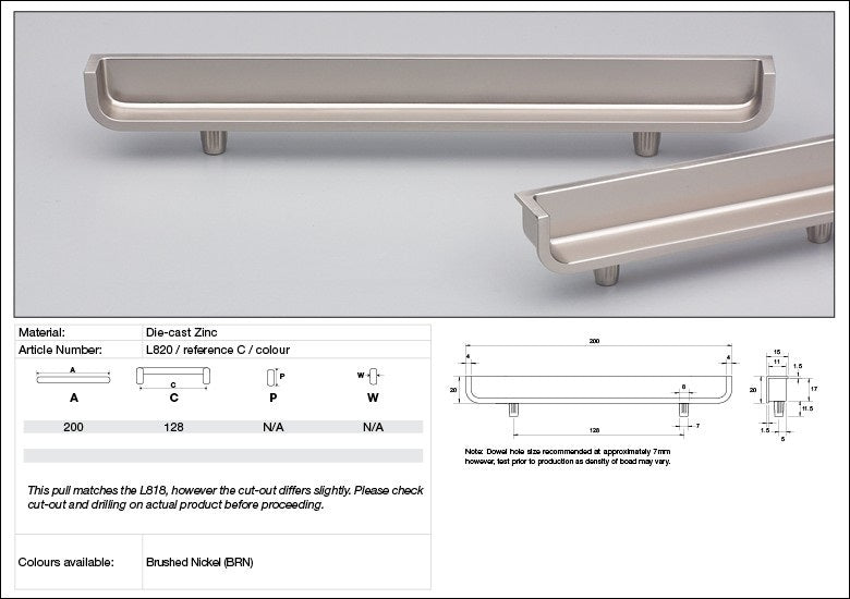 Kethy Cabinet Handle L820/128-MN L Series Back 128mm Matt Nickel