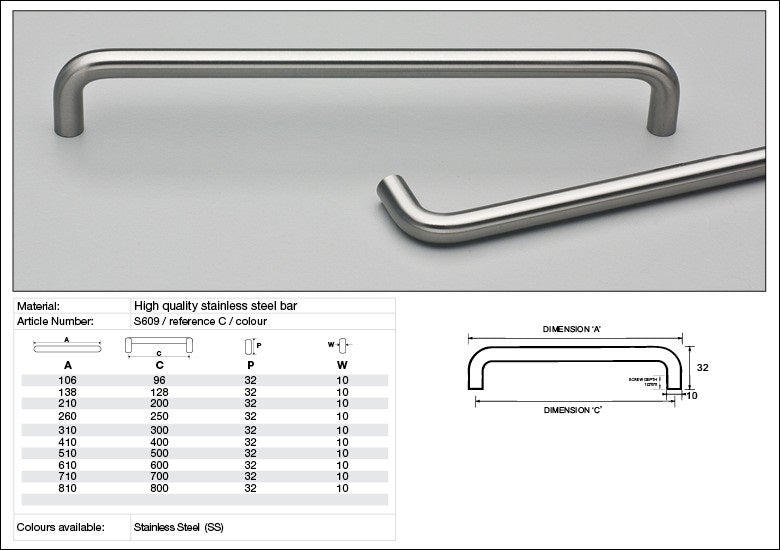 Kethy S609 Lommel Cabinet Pull Handle Satin Stainless Steel - Available in Various Sizes