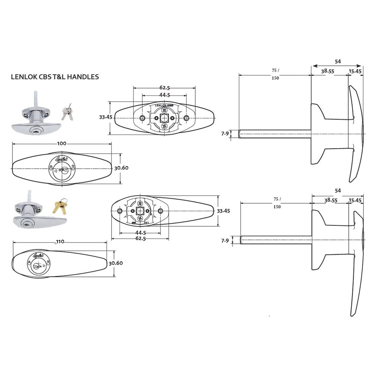 Lenlok CBS T Handle Garage Door Lock C4 Rear Fix 75mm Chrome Plate LTH-RF-C4-KD
