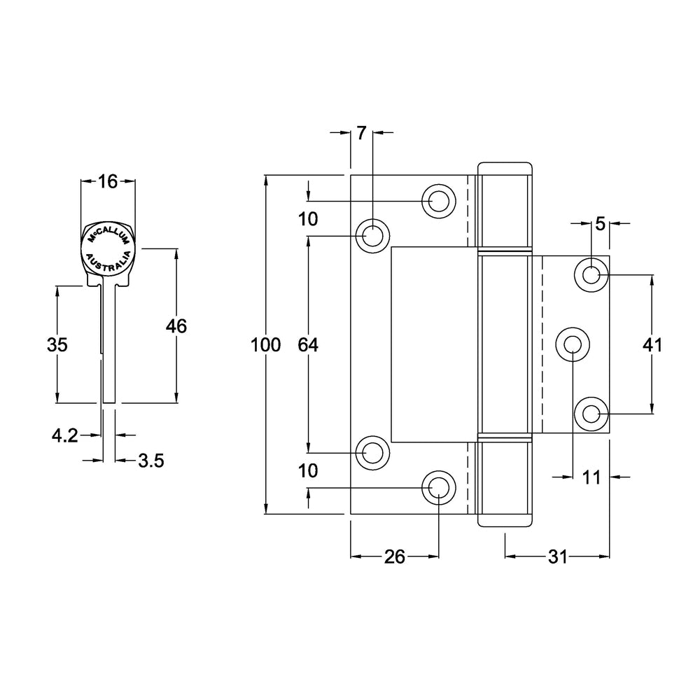 MCCA174|MCCA174BLK|MCCA174WHT|McCallum A174 Aluminum Heavy Duty Interfold Hinge 100mm - Available in Various Finishes