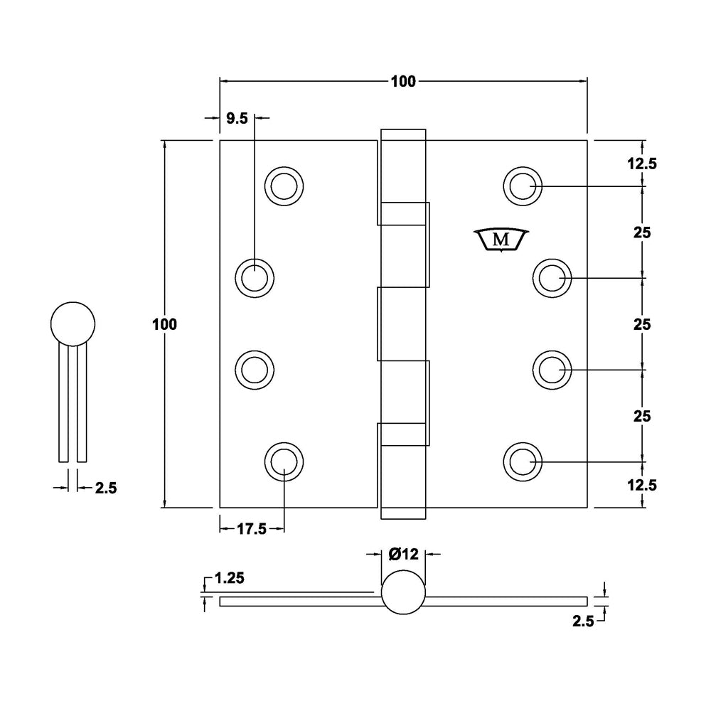 McCallum Heavy Duty Ball Bearing Butt Hinge 100x100x2.5mm Satin Stainless Steel S254