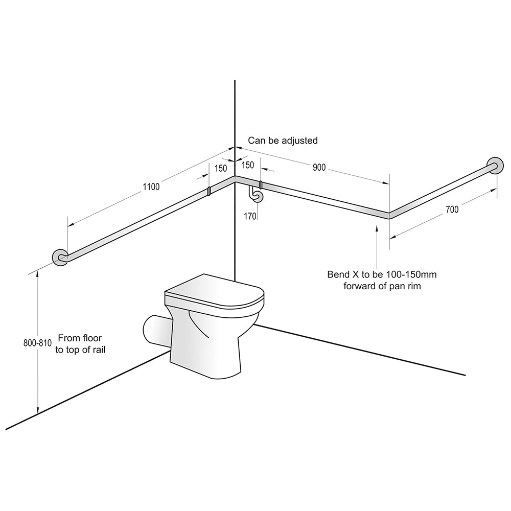 Metlam Wrap Around Grab Rail 30degree - Available in Left and Right Handing