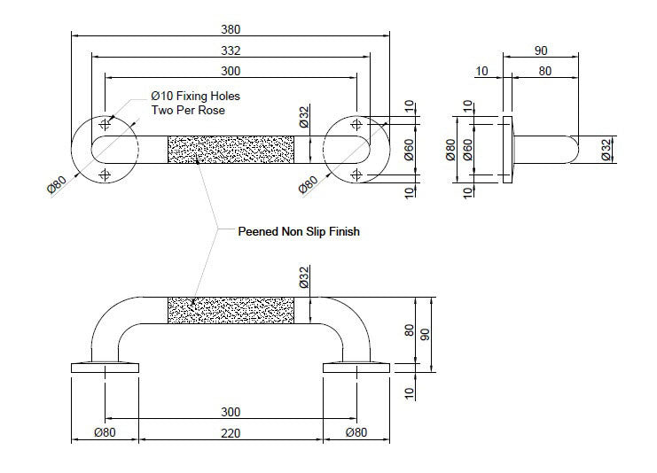 Metlam Straight Peened Grab Rail Satin Stainless Steel - Available in Various Sizes