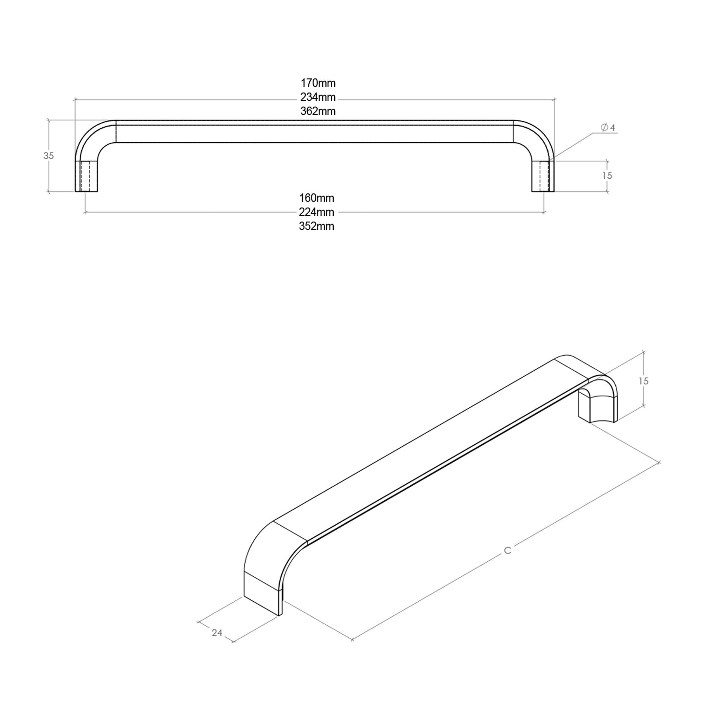 Momo Kempten D Handle Aluminium Brushed Nickel - Avaialble in Various Sizes