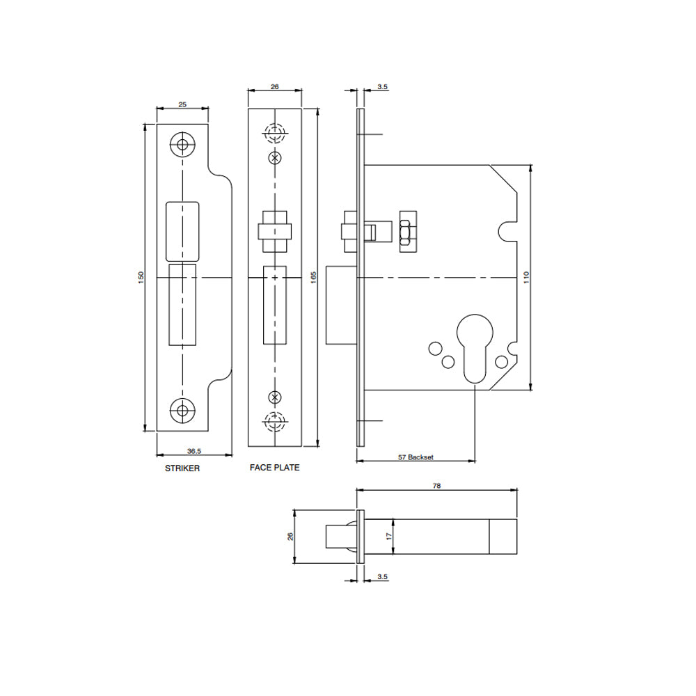 *DISCONTINUED* Austyle Mortice Roller Mortice Dead Bolt Matt Black LH & RH Strike 57mm BS 59015