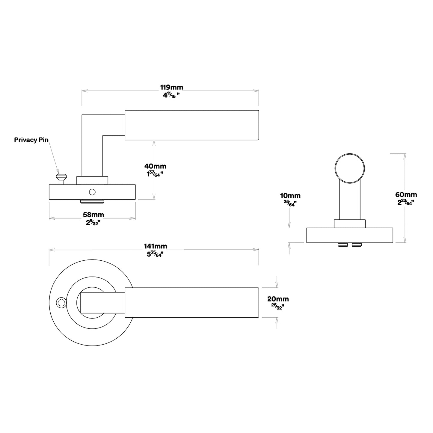 Iver Berlin Door Lever on Round Rose Inbuilt Privacy Kit 60mm Backset
