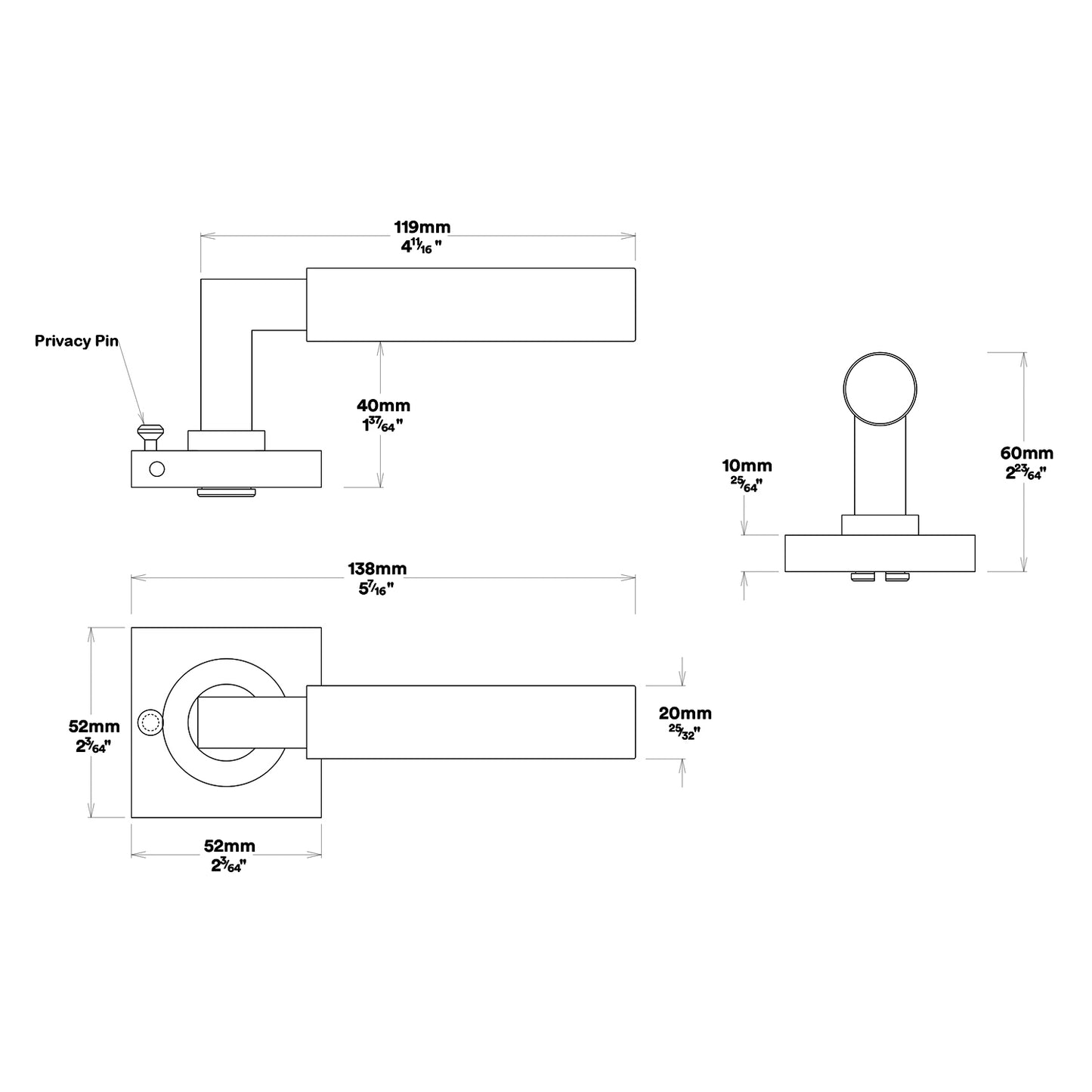 Iver Berlin Door Lever on Square Rose Inbuilt Privacy Kit 60mm Backset