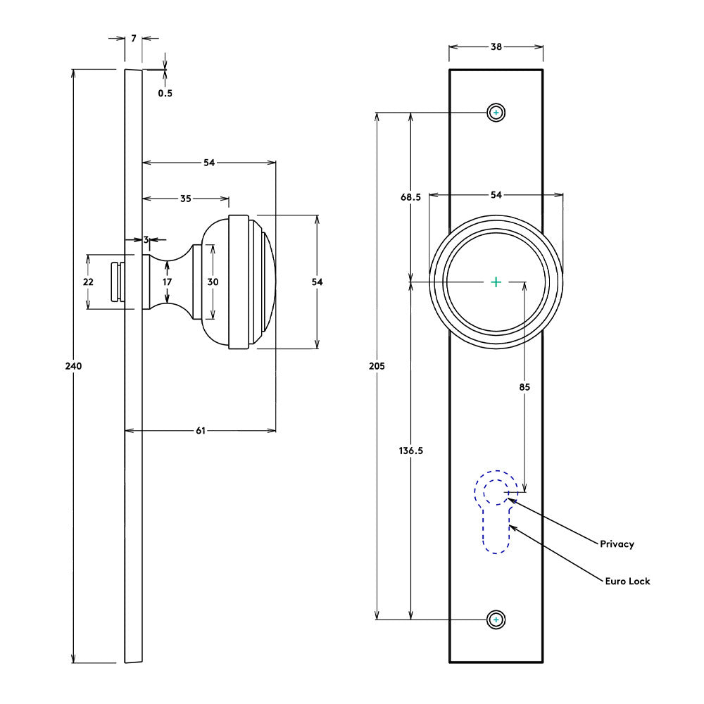 Iver Paddington Door Knob on Rectangular Backplate Privacy Kit with Turn