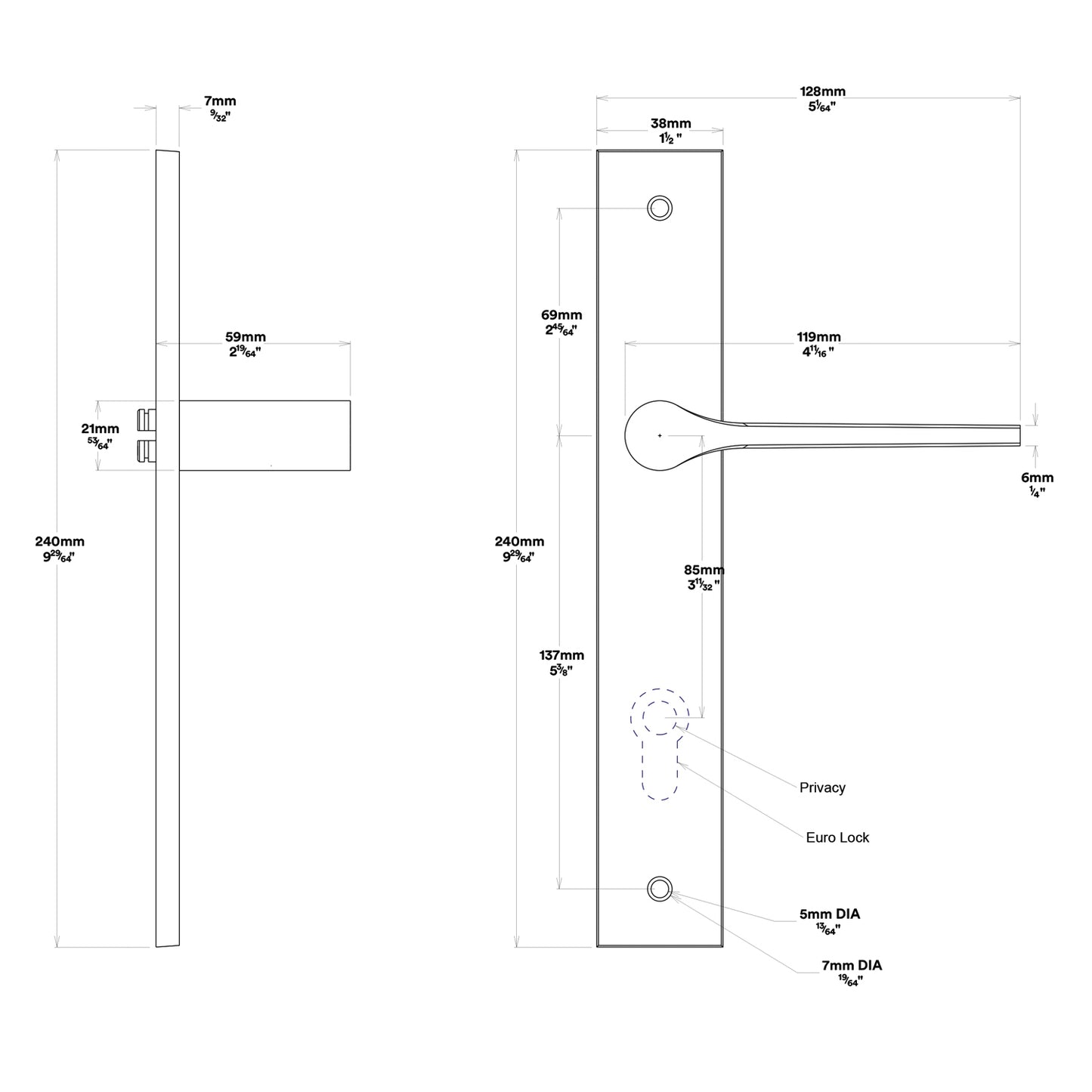 Iver Como Door Lever Handle on Rectangular Backplate Entrance Kit Key/Key