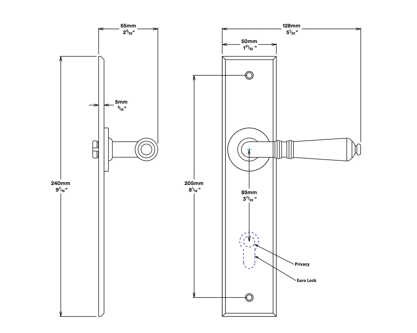 Iver Sarlat Door Lever Handle on Chamfered Backplate Passage Kit - Available in Various Finishes