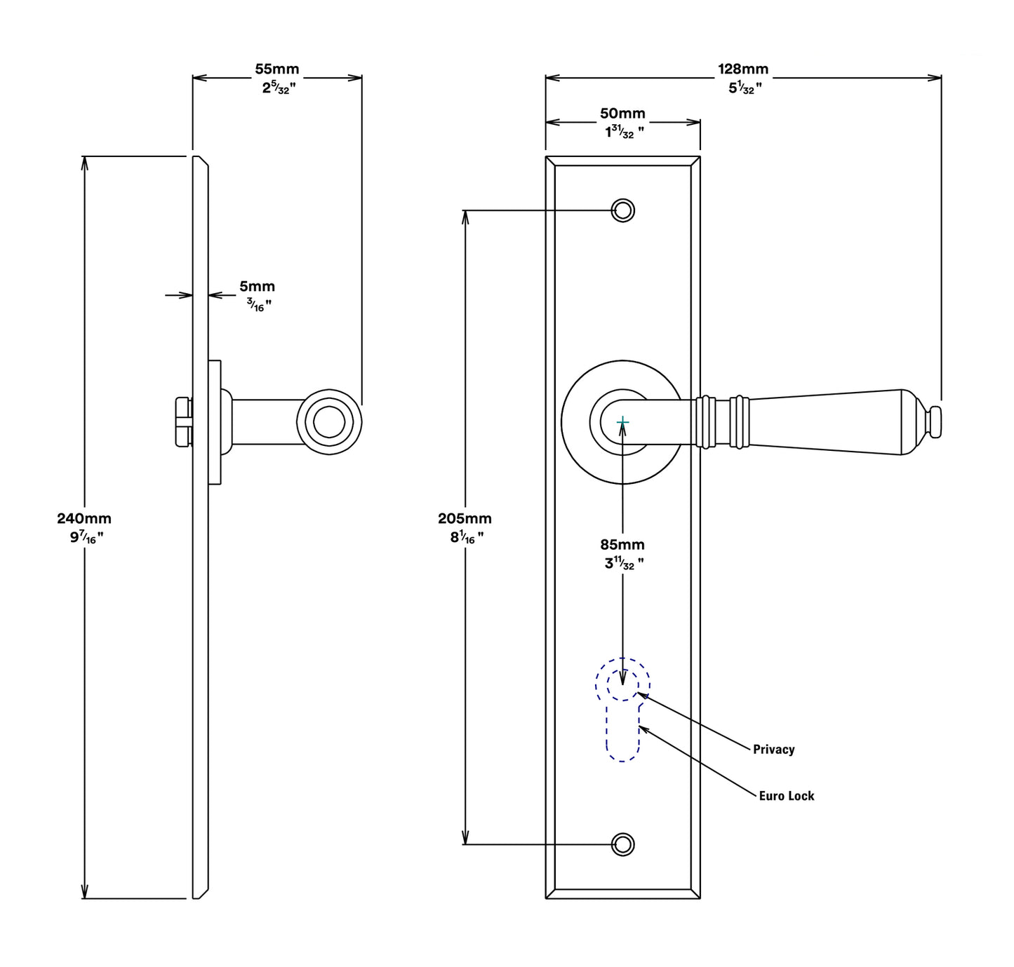 Iver Sarlat Door Lever Handle on Chamfered Backplate Privacy Kit - Available in Various Finishes