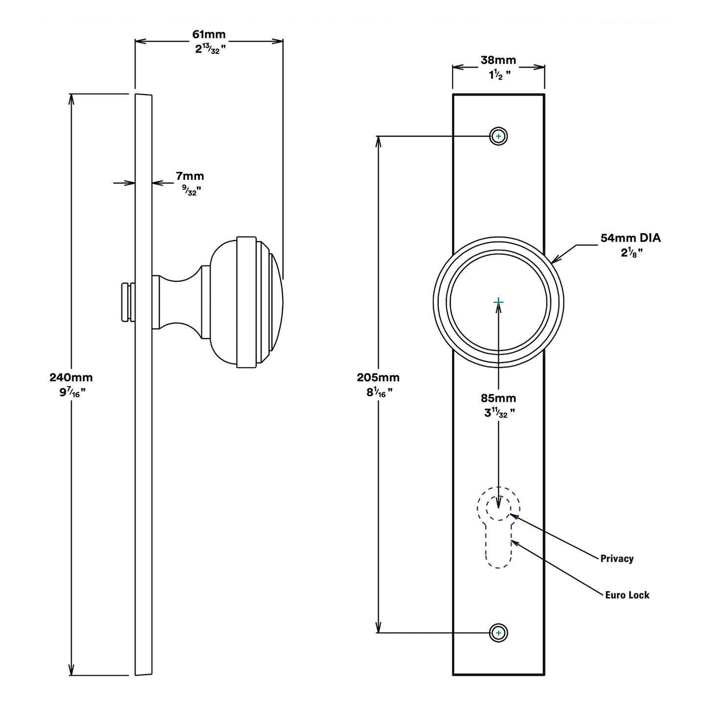 Iver Paddington Door Knob on Rectangular Backplate Entrance Kit Key/Key