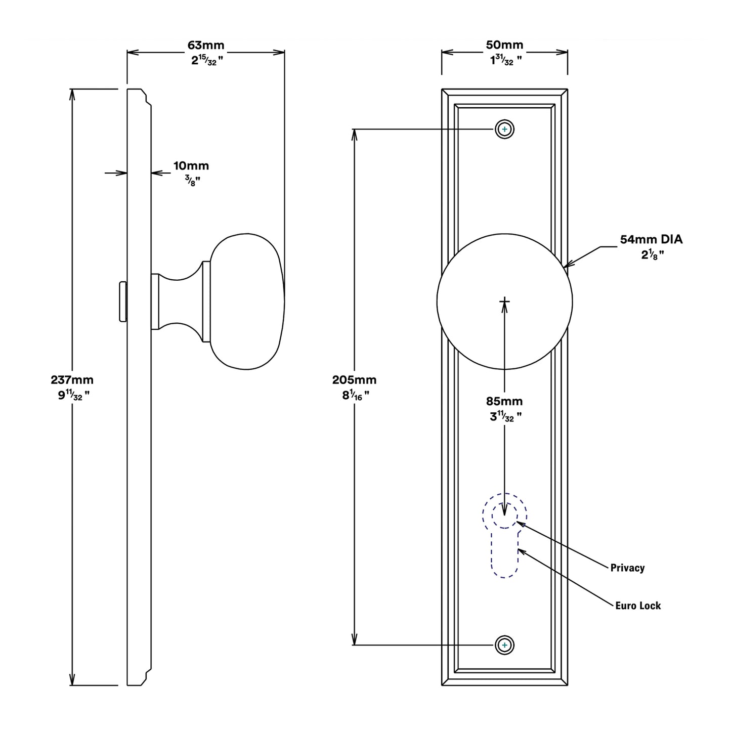 Iver Cambridge Door Knob on Stepped Backplate Entrance Kit Key/Key - Available in Various Finishes