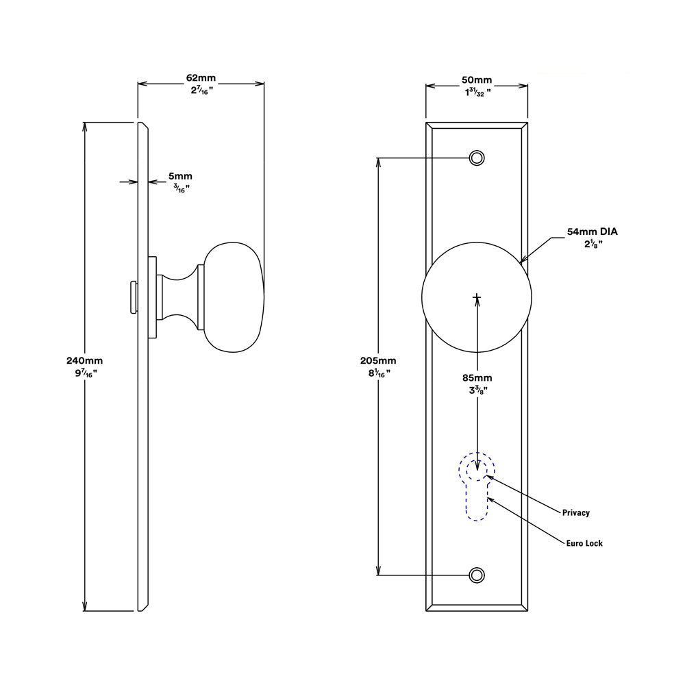 Iver Cambridge Door Knob on Chamfered Backplate Entrance Kit Key/Key - Available in Various Finishes