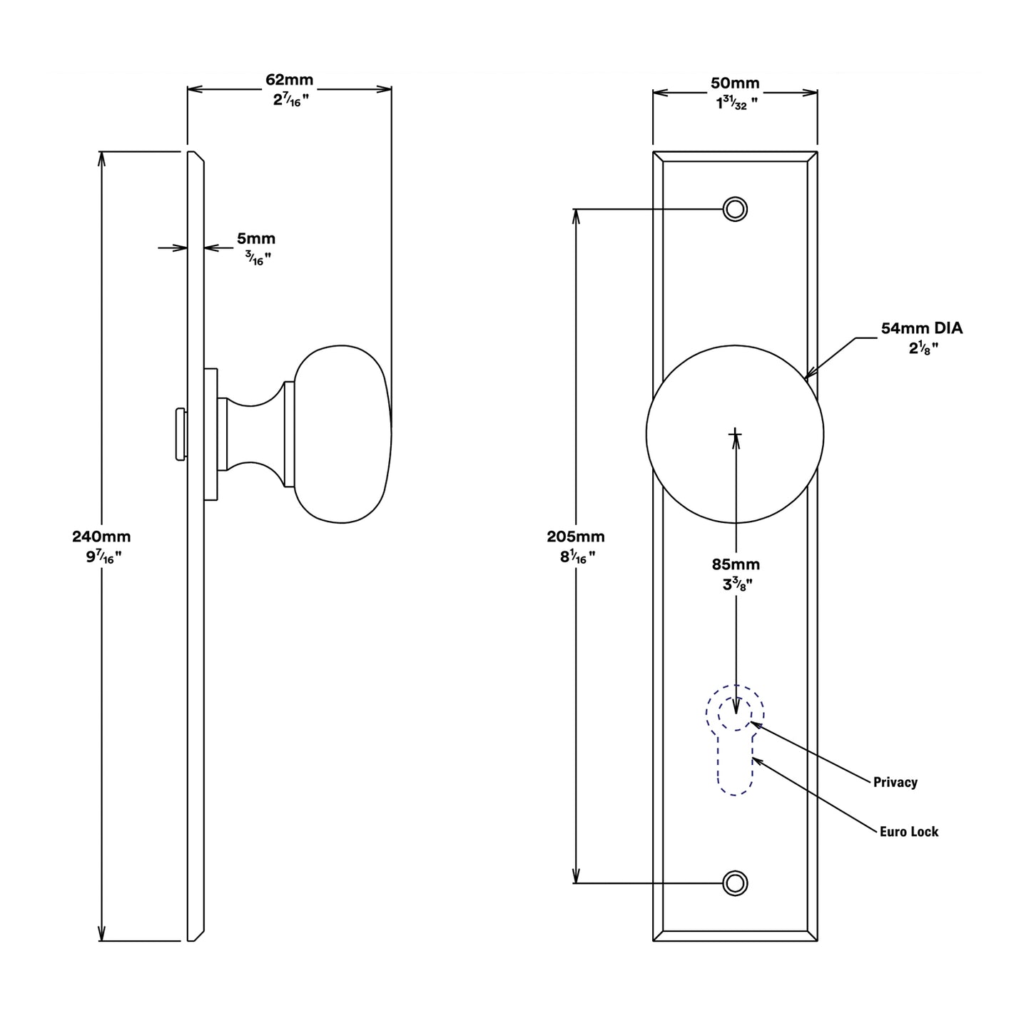 Iver Cambridge Door Knob on Chamfered Backplate Entrance Kit Key/Thumb