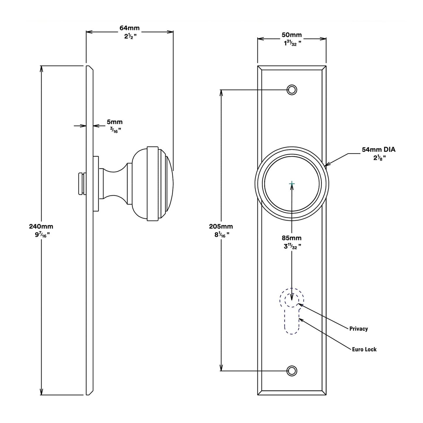Iver Paddington Door Knob on Chamfered Backplate Entrance Kit Key/Thumb