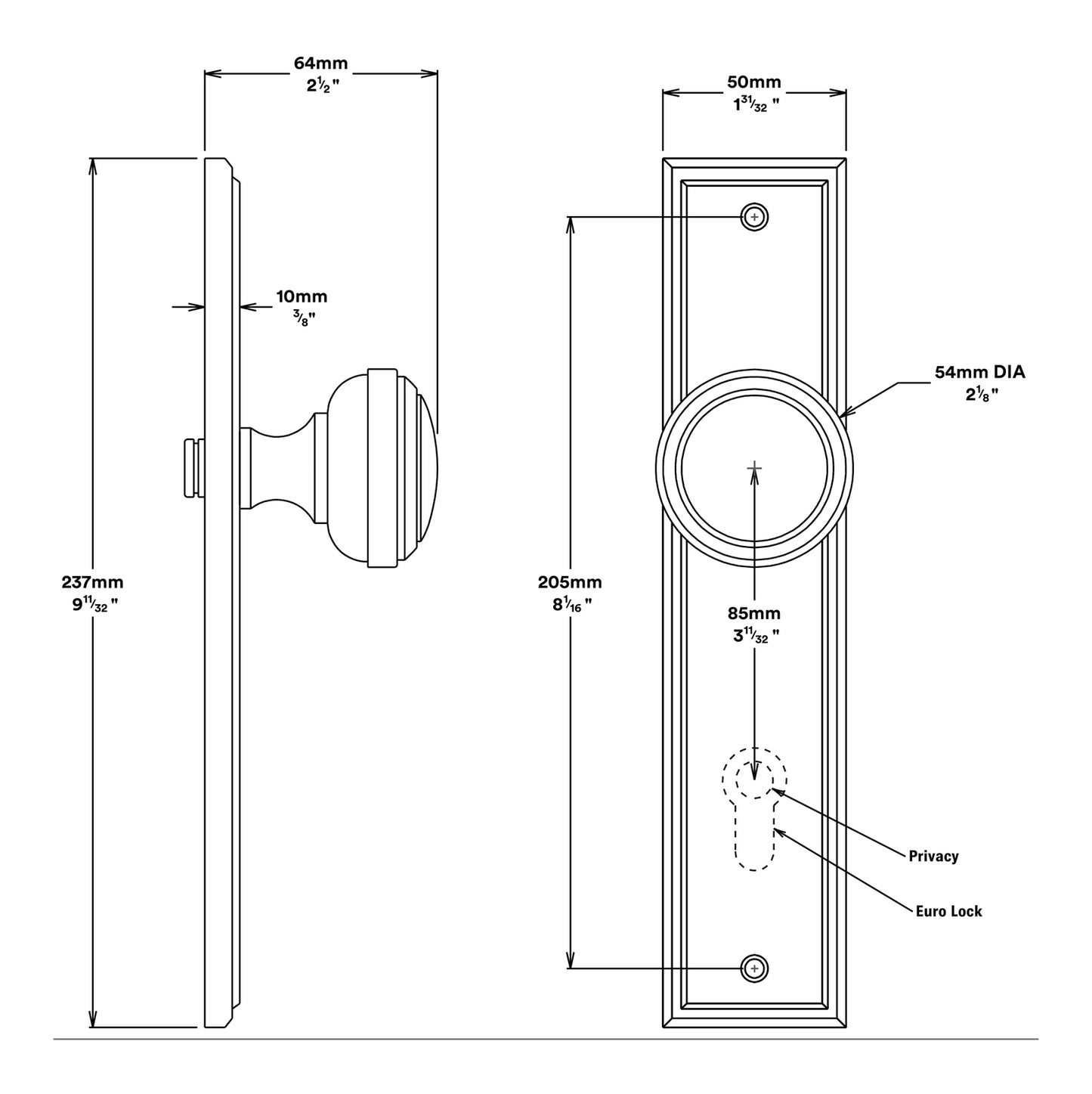 Iver Paddington Door Knob on Stepped Backplate Passage Kit - Available in Various Finishes