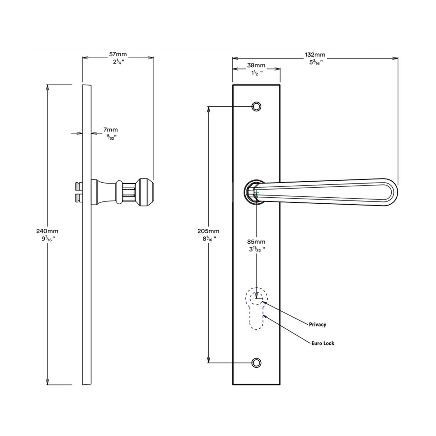 Iver Copenhagen Door Lever on Rectangular Backplate Privacy Kit with Turn