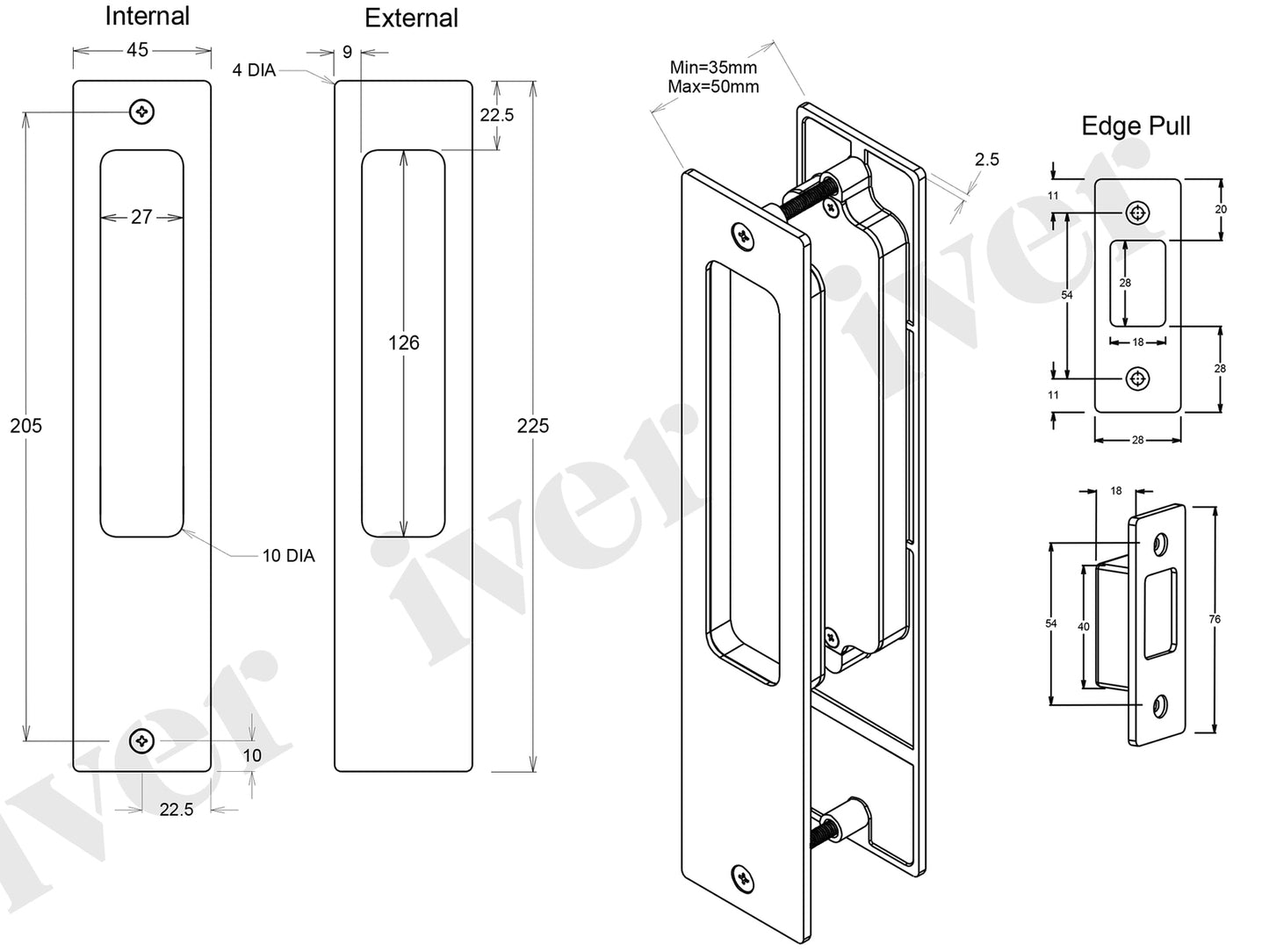 Iver Rectangular Flush Pull - Available in Various Functions and Styles