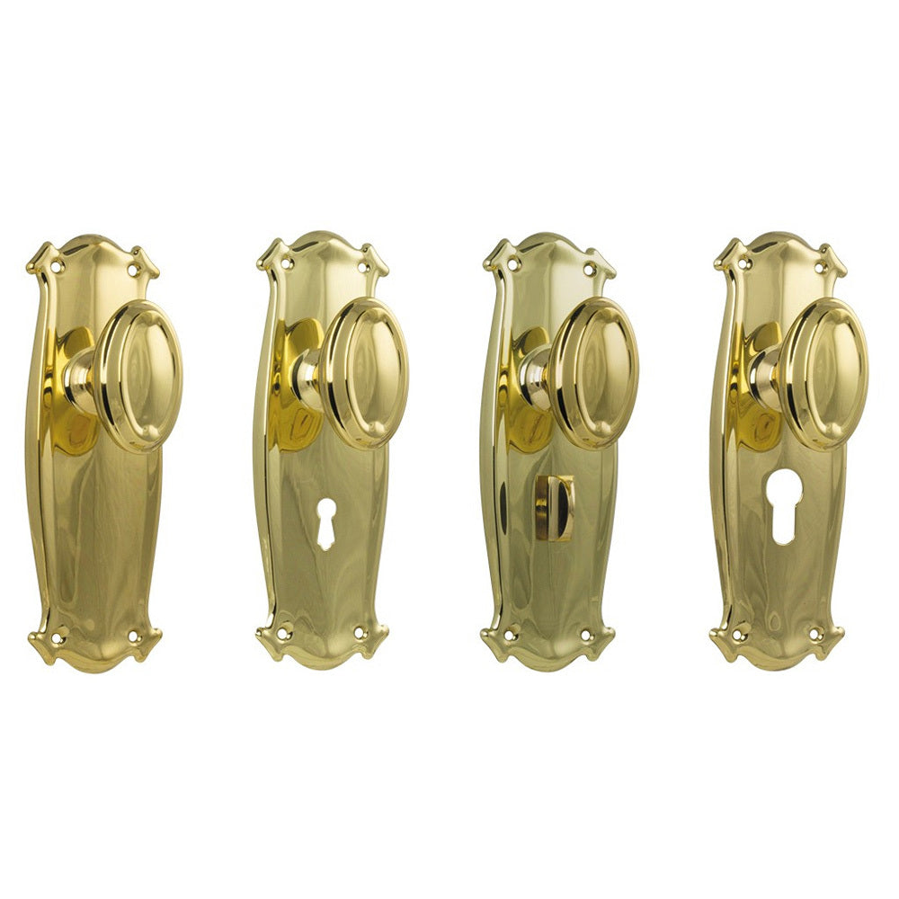Tradco Bungalow Door Knob on Backplate Polished Brass - Available in Various Functions