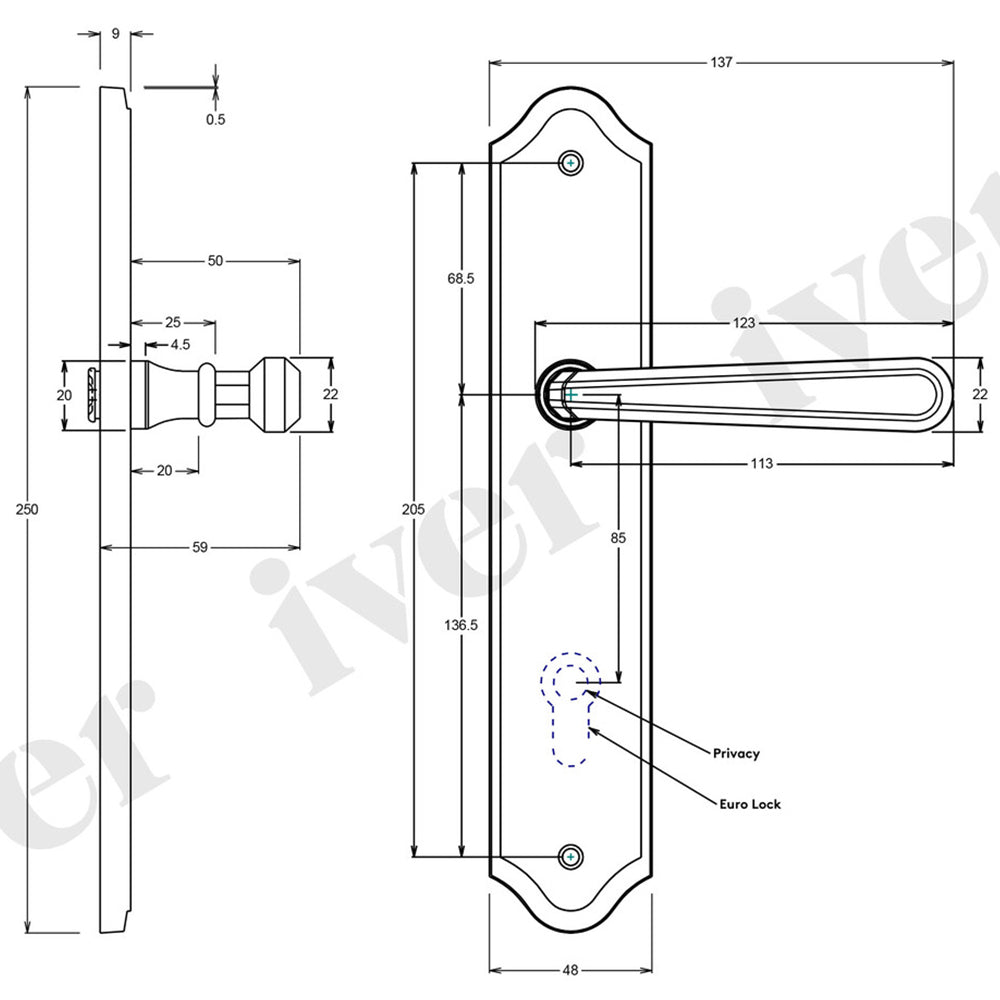 Iver Copenhagen Door Lever Handle on Shouldered Backplate Signature Brass
