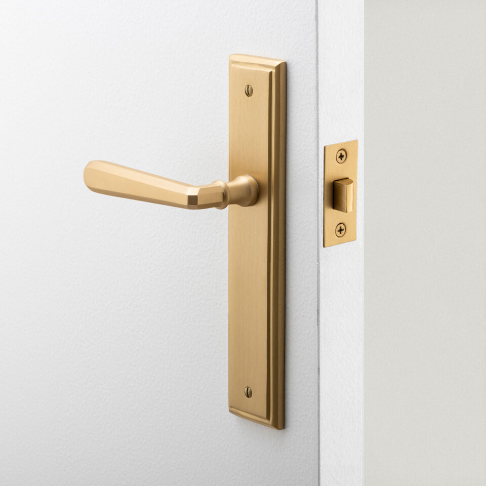 Iver Copenhagen Door Lever Handle on Stepped Backplate Satin Nickel