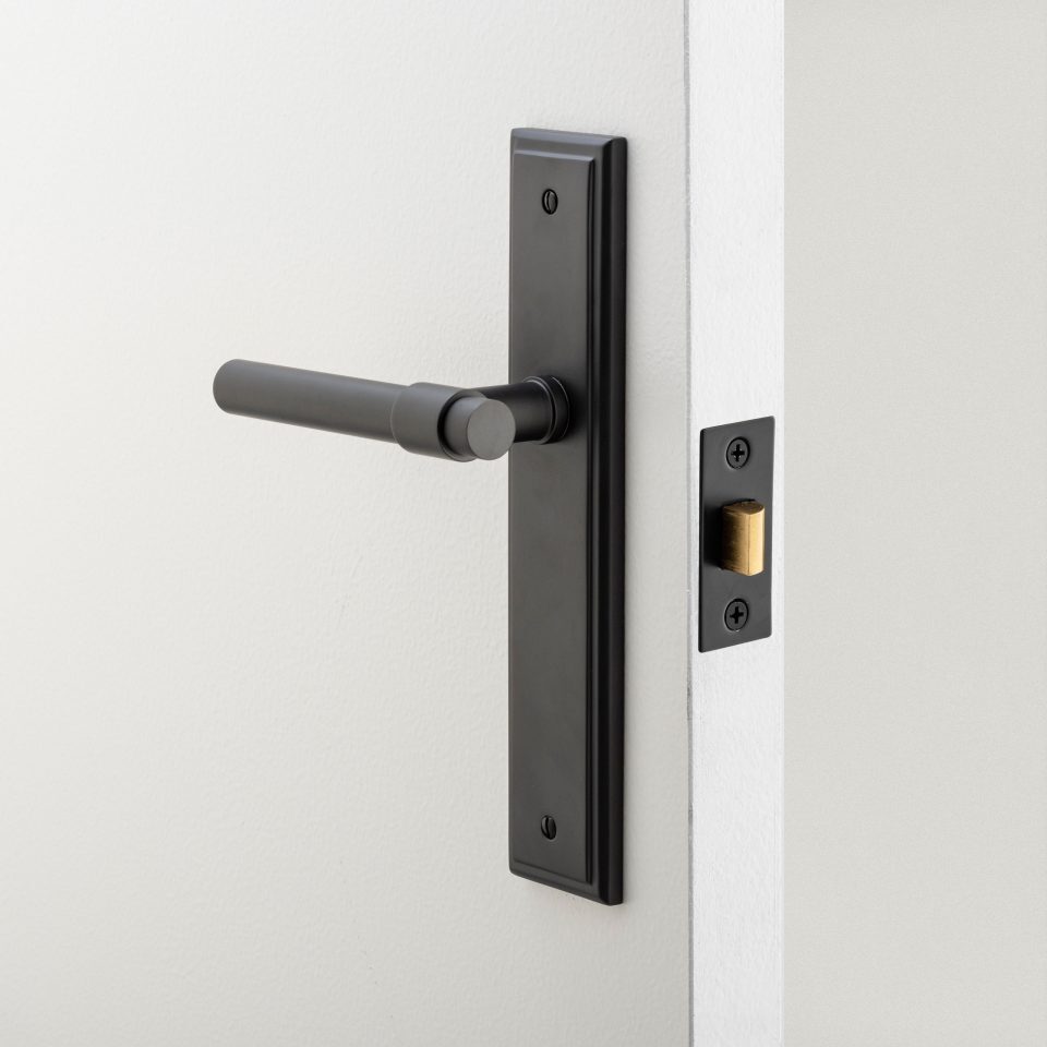Iver Helsinki Door Lever Handle on Stepped Backplate Satin Nickel