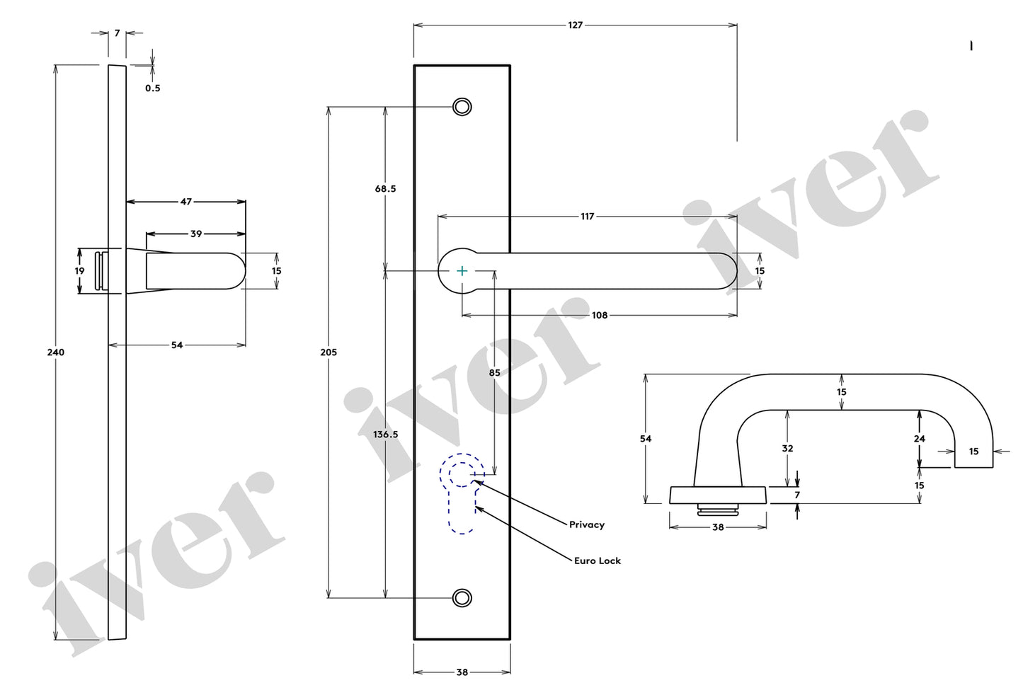 Iver Oslo Door Lever Handle on Rectangular Backplate Signature Brass