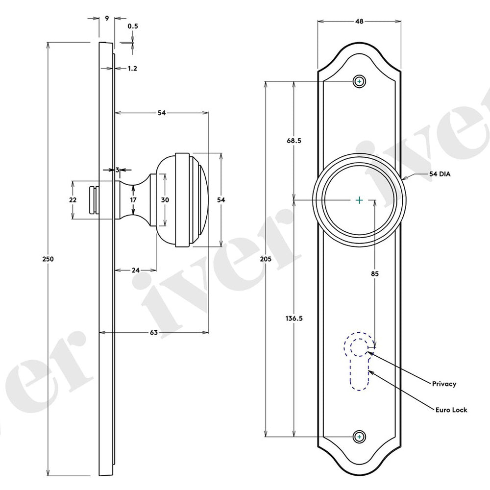Iver Paddington Door Knob on Shouldered Backplate Signature Brass