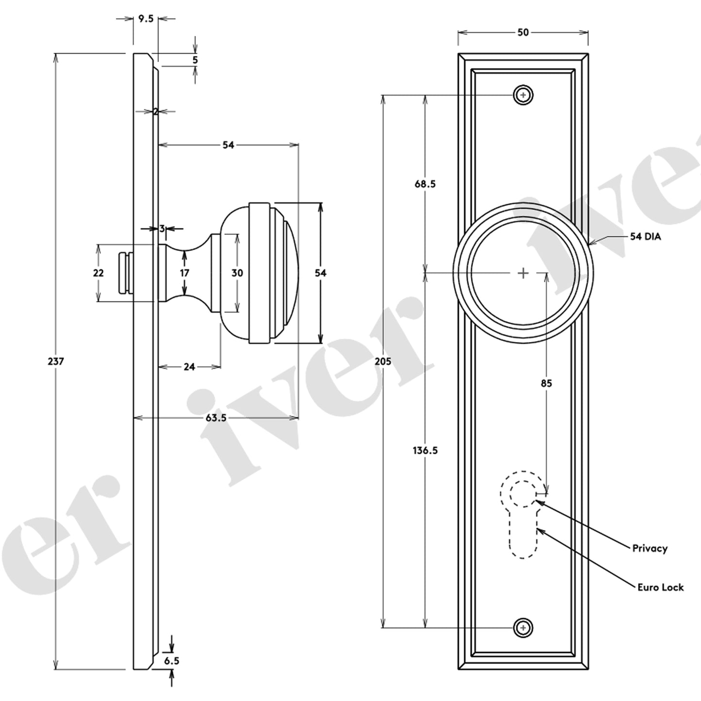 Iver Paddington Door Knob on Stepped Backplate Signature Brass