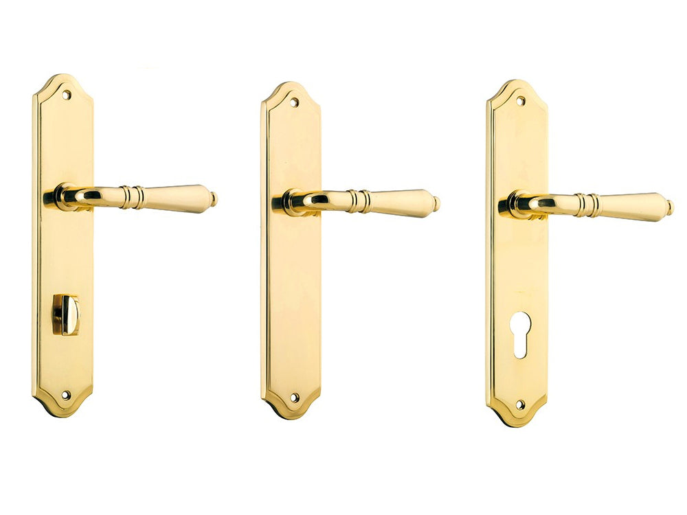 Iver Sarlat Lever Door Handle on Shouldered Backplate Polished Brass