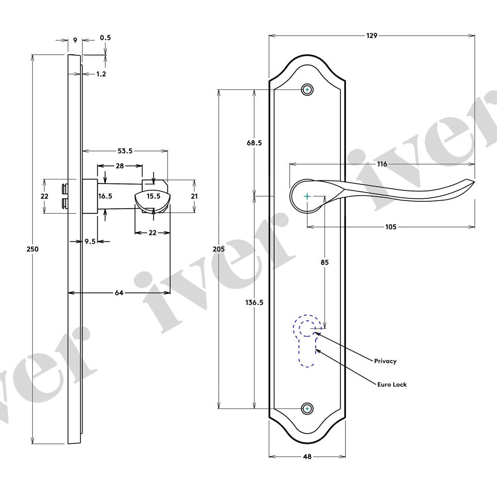 Iver Stirling Door Lever Handle on Shouldered Backplate Polished Brass