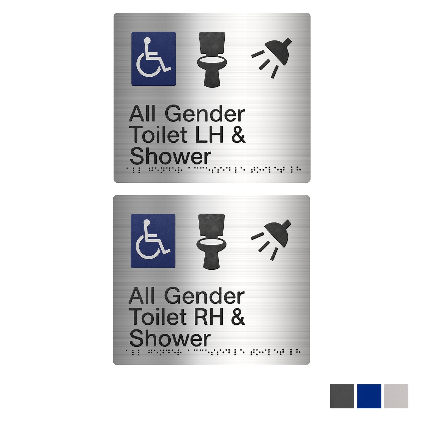 All Gender Accesible Toilet Shower Braille Amenity Sign - Available in Various Finishes and Handing