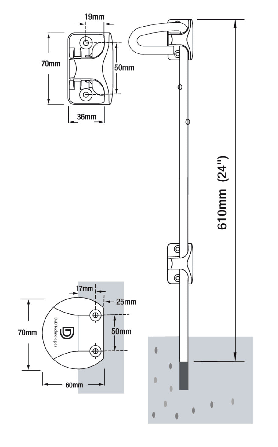 D&D QB124 Q-Bolt Padlockable Drop Gate Lock 610mm Wide Bracket For Metal
