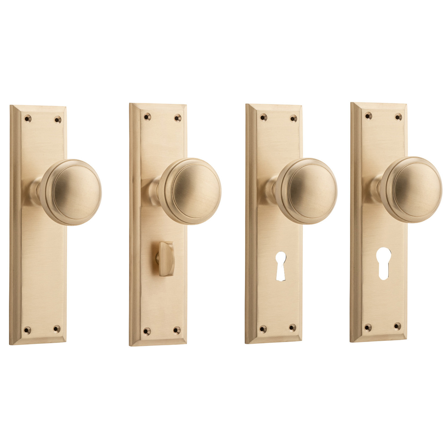 Tradco Milton Door Knob on Long Backplate Unlacquered Satin Brass