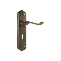 Tradco Windsor Door Lever Handle on Shouldered Backplate Bitkey Antique Brass 0859